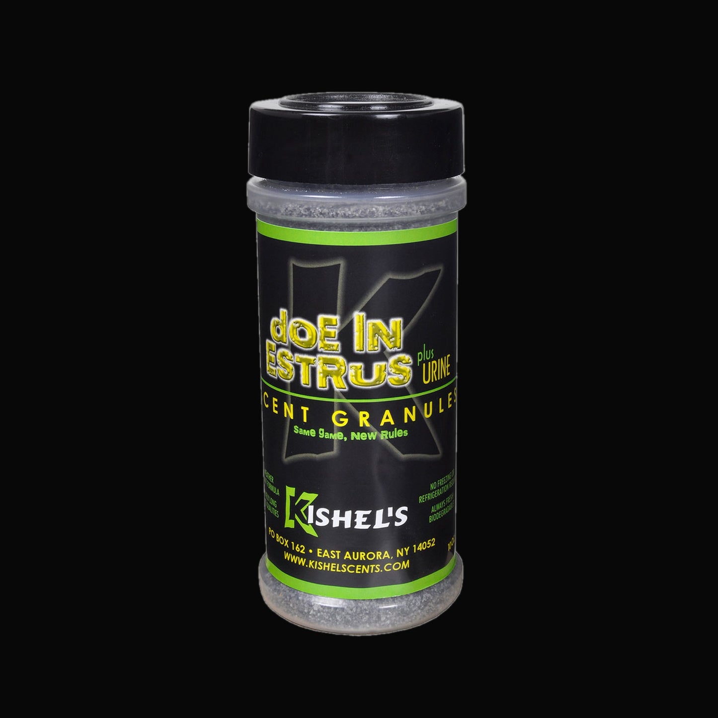 Doe in Estrous "Plus" Deer Urine Granules product on black background for Killer White Tail Scents