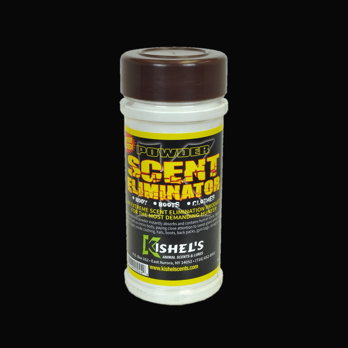 Powder Scent Eliminator product on black background for Killer White Tail Scents