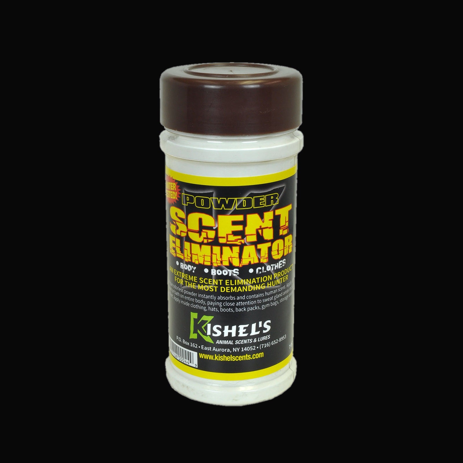 Powder Scent Eliminator product on black background for Killer White Tail Scents